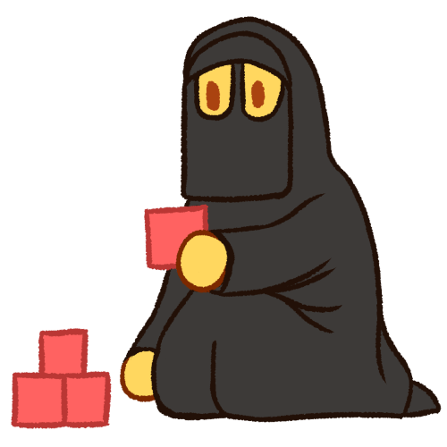 a drawing of a niqabi kneeling and holding a pink block, with a pile of pink blocks next to them. 